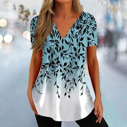 Women's T Shirt Stripe Gradient Relaxed Ladies Clothes Blouse V-Neck Fashion Short Sleeve Tees Female Oversized Sweatshirt Loose