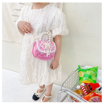 Sweet Cute Bow Children's Shoulder Bag Pearl Handle Baby Girls Small Crossbody Bags Lovely Princess Accessories Purse Handbags