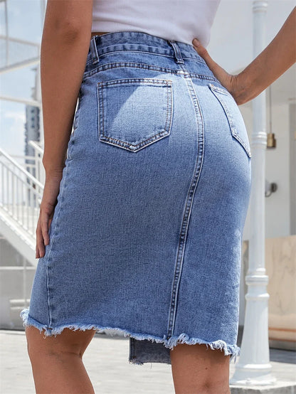Denim Skirts For Women Jeans High Waist Frayed Raw Hem A Line Flare Skirt With Pockets Summer Wrapped Hip Skinny Slit Skirt