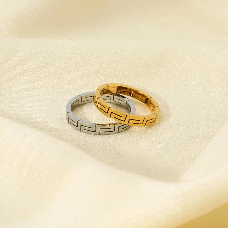 Korean Style Simple Geometric Lattice Stackable Rings 18K Gold Plated Stainless Steel Band Ring Waterproof Jewelry Gift