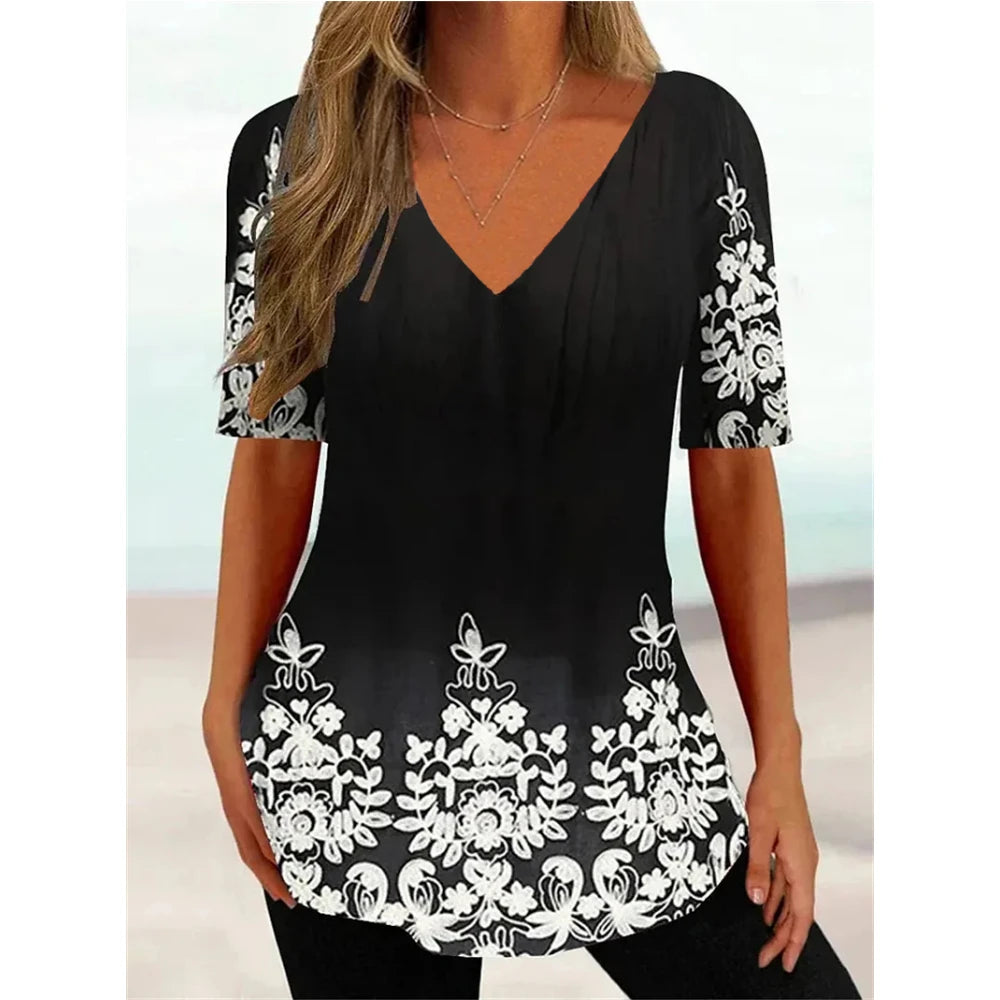 Women's T Shirt Stripe Gradient Relaxed Ladies Clothes Blouse V-Neck Fashion Short Sleeve Tees Female Oversized Sweatshirt Loose