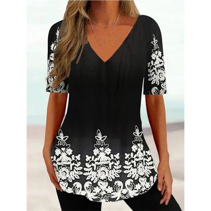 Women's T Shirt Stripe Gradient Relaxed Ladies Clothes Blouse V-Neck Fashion Short Sleeve Tees Female Oversized Sweatshirt Loose