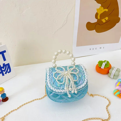 Sweet Cute Bow Children's Shoulder Bag Pearl Handle Baby Girls Small Crossbody Bags Lovely Princess Accessories Purse Handbags