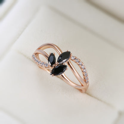 Luxury 18k Rose Gold Natural Black Diamond Ring Geometric Line Cross Wedding Gold Rings for Women Larimar Vintage Fine Jewelry