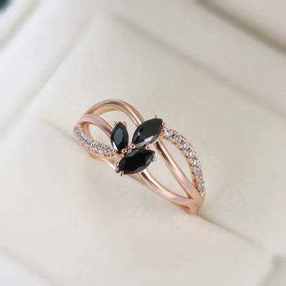 Luxury 18k Rose Gold Natural Black Diamond Ring Geometric Line Cross Wedding Gold Rings for Women Larimar Vintage Fine Jewelry