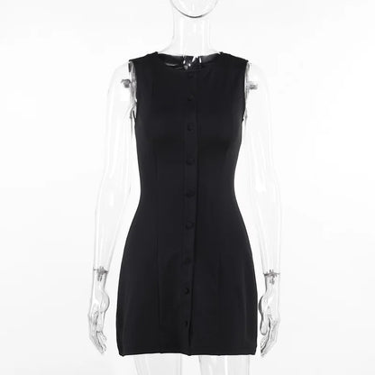 Fashion Sleeveless Sexy Mini Dress For Women New O Neck Single-btrasted Bodycon Club Party Tank Dress Femme Clothes vestidos
