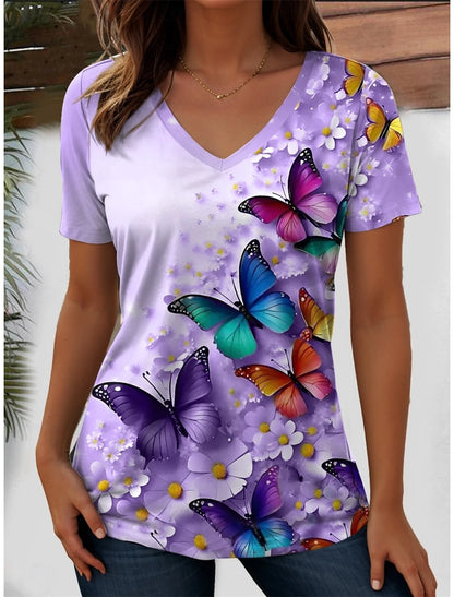 Vintage Simple Women's T-Shirt 3D Wave Curve Tee Fashion V-Neck Summer Short Sleeve Loose Streetwear Female Clothes Black Tshirt