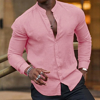 Men's Shirts Summer Shirts Beachwear Button Shirts Stand Collar Shirts Black White Pink Long Sleeve Spring Summer Hawaiian 6XL