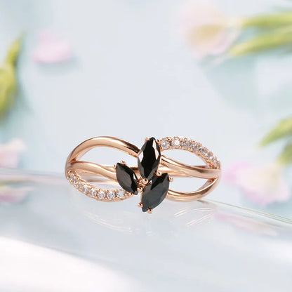 Luxury 18k Rose Gold Natural Black Diamond Ring Geometric Line Cross Wedding Gold Rings for Women Larimar Vintage Fine Jewelry