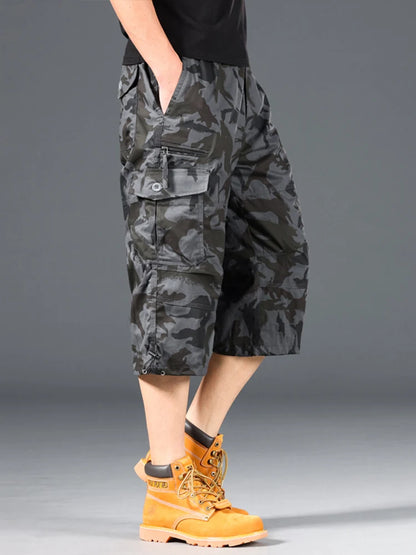 Summer Men's Cargo Shorts Loose Casual Below Knee Pants Elastic Waist Plus Size Outdoor Jogging Tactical Capri Pants