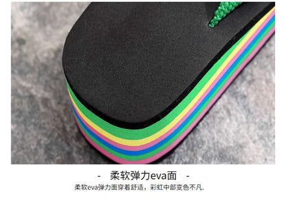 Women's Rainbow Color Platform Flip Flops Summer Thick Sole Lightweight Slip-on Wedges Sandals Girls Beach Slippers