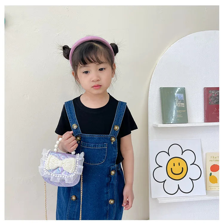 Sweet Cute Bow Children's Shoulder Bag Pearl Handle Baby Girls Small Crossbody Bags Lovely Princess Accessories Purse Handbags