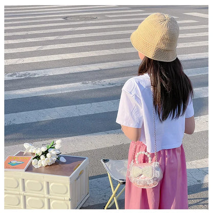 Sweet Cute Bow Children's Shoulder Bag Pearl Handle Baby Girls Small Crossbody Bags Lovely Princess Accessories Purse Handbags
