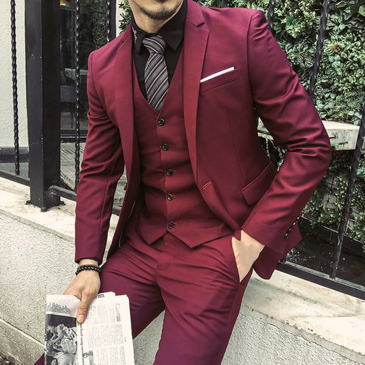 Men Three-piece Suit Men's Formal Business Style Slim Fit Wedding Suit Set with Silky Smooth Anti-wrinkle Fabric Turn-down