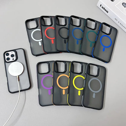 Luxury Magnetic Color Matte Translucent Armor Shockproof Case For iPhone  15 16 ProMax Magsafe Wireless Charge Cover