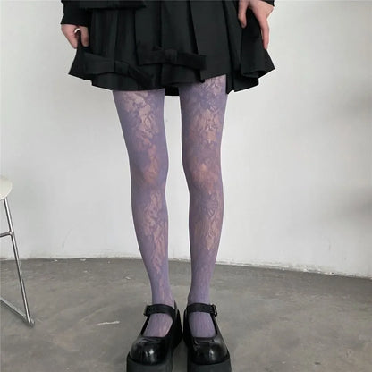 Collant sexy da donna con motivo floreale traforato in stile Y2k, a rete, in rosso vino, per ragazze hot, JK, leggings elasticizzati alti a vita bassa