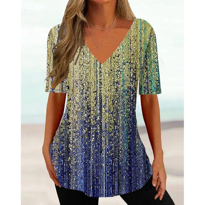 Women's T Shirt Stripe Gradient Relaxed Ladies Clothes Blouse V-Neck Fashion Short Sleeve Tees Female Oversized Sweatshirt Loose