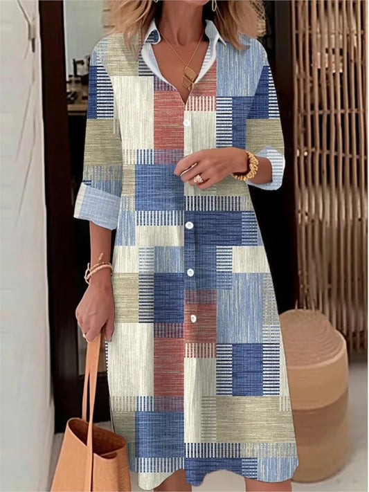 Fashion For Women Plaid Print Shirt Dress Elegant Casual Long Sleeve Button Loose Dress Women Clothes Autumn New Robe Femme