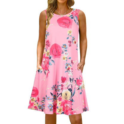 S-5Xl Colorful Printed O Neck Long Dress Casual Bohemian Sleeveless Ladies Summer Beach Sundress Travel Pocket Shirt Party Gowns