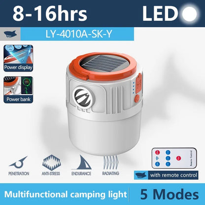 Solar Camping Light Portable Power Bank LED 6 Gears Rechargeable Remote Flashlight Outdoor BBQ Tents Hanging Emergency Lantern