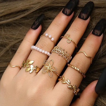 Bohemian Wave Flower Rings Set For Women Vintage Geometric Pearl Butterfly Metal Chain Knuckle Rings 2022 Trendy Jewelry Gift