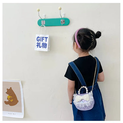 Sweet Cute Bow Children's Shoulder Bag Pearl Handle Baby Girls Small Crossbody Bags Lovely Princess Accessories Purse Handbags