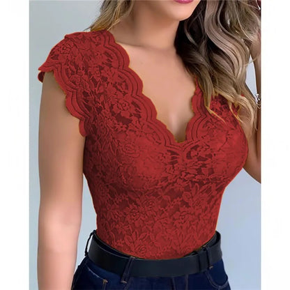 Sexy Deep V Neck Sleeveless Lace Blouse Shirts Summer Fashion Women Lace Patchwork Pullover Tops XCDZ-540738