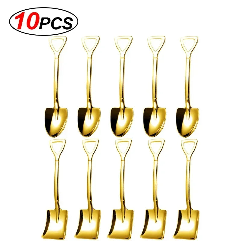 20/2x Stainless Steel Shovel Spoons Gold Silver Mini Coffee Teaspoon Fruit Ice Cream Dessert Spoon Scoops Kitchen Tableware Set