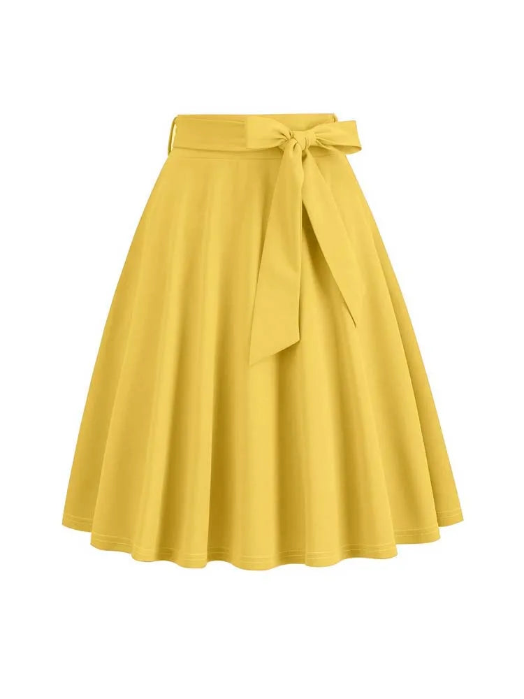 Women Summer Midi Long Skirt Solid Elegant Faldas High Waist A Line 50s Swing Skirts