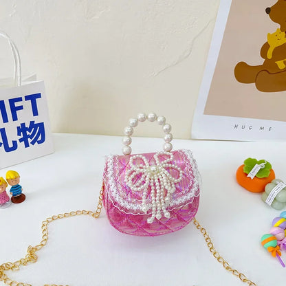 Sweet Cute Bow Children's Shoulder Bag Pearl Handle Baby Girls Small Crossbody Bags Lovely Princess Accessories Purse Handbags