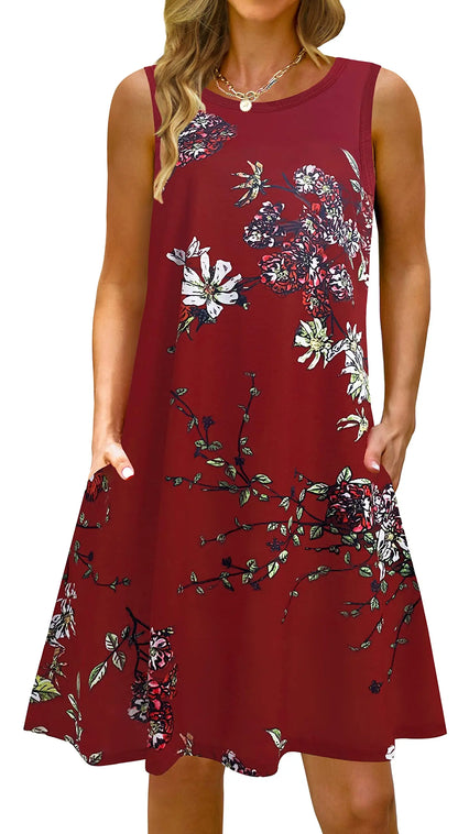S-5Xl Colorful Printed O Neck Long Dress Casual Bohemian Sleeveless Ladies Summer Beach Sundress Travel Pocket Shirt Party Gowns