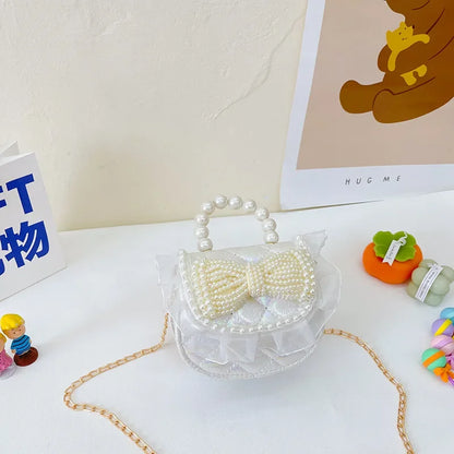 Sweet Cute Bow Children's Shoulder Bag Pearl Handle Baby Girls Small Crossbody Bags Lovely Princess Accessories Purse Handbags