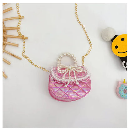 Sweet Cute Bow Children's Shoulder Bag Pearl Handle Baby Girls Small Crossbody Bags Lovely Princess Accessories Purse Handbags