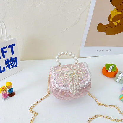Sweet Cute Bow Children's Shoulder Bag Pearl Handle Baby Girls Small Crossbody Bags Lovely Princess Accessories Purse Handbags