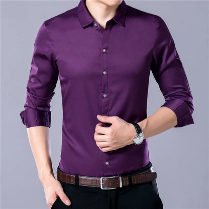 Camisa informal de manga larga de color liso para hombre, estilo empresarial