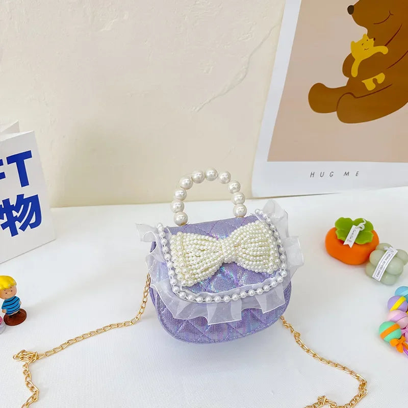 Sweet Cute Bow Children's Shoulder Bag Pearl Handle Baby Girls Small Crossbody Bags Lovely Princess Accessories Purse Handbags