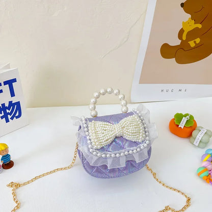 Sweet Cute Bow Children's Shoulder Bag Pearl Handle Baby Girls Small Crossbody Bags Lovely Princess Accessories Purse Handbags