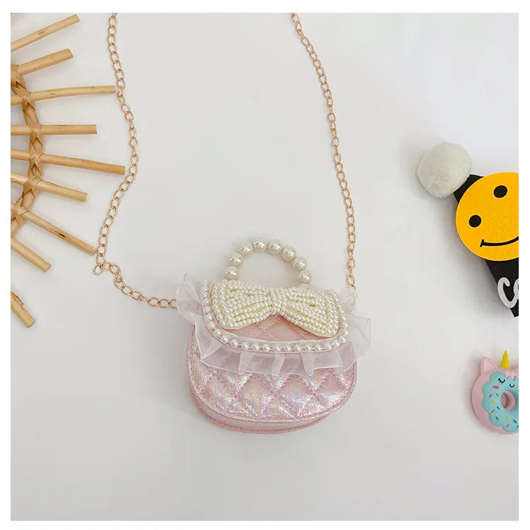 Sweet Cute Bow Children's Shoulder Bag Pearl Handle Baby Girls Small Crossbody Bags Lovely Princess Accessories Purse Handbags