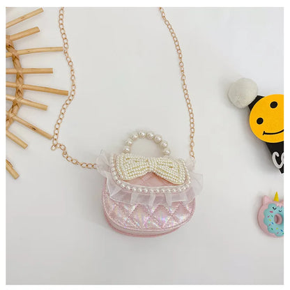 Sweet Cute Bow Children's Shoulder Bag Pearl Handle Baby Girls Small Crossbody Bags Lovely Princess Accessories Purse Handbags