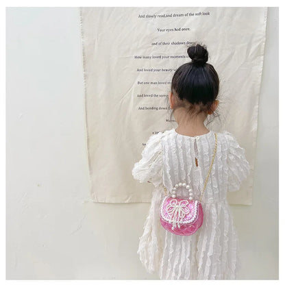 Sweet Cute Bow Children's Shoulder Bag Pearl Handle Baby Girls Small Crossbody Bags Lovely Princess Accessories Purse Handbags