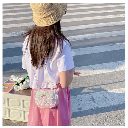 Sweet Cute Bow Children's Shoulder Bag Pearl Handle Baby Girls Small Crossbody Bags Lovely Princess Accessories Purse Handbags