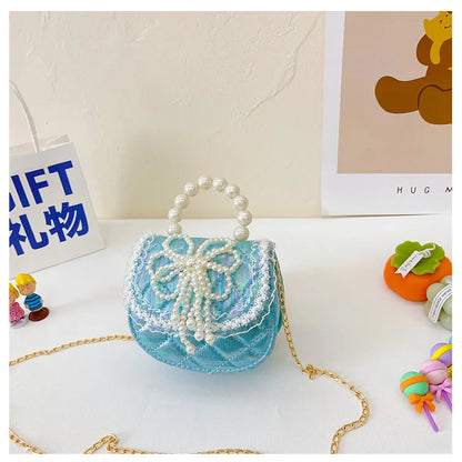Sweet Cute Bow Children's Shoulder Bag Pearl Handle Baby Girls Small Crossbody Bags Lovely Princess Accessories Purse Handbags