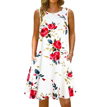 S-5Xl Colorful Printed O Neck Long Dress Casual Bohemian Sleeveless Ladies Summer Beach Sundress Travel Pocket Shirt Party Gowns