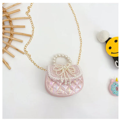 Sweet Cute Bow Children's Shoulder Bag Pearl Handle Baby Girls Small Crossbody Bags Lovely Princess Accessories Purse Handbags