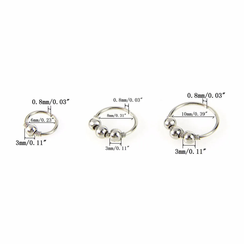 3Pcs/Set Retro Round Beads Nose Ring Earrings Nostril Hoop Body Piercing Jewelry 6mm/8mm/10mm