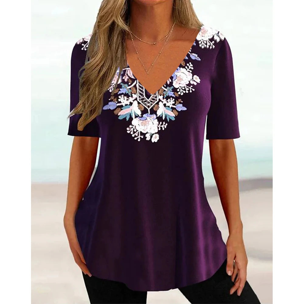 Women's T Shirt Stripe Gradient Relaxed Ladies Clothes Blouse V-Neck Fashion Short Sleeve Tees Female Oversized Sweatshirt Loose