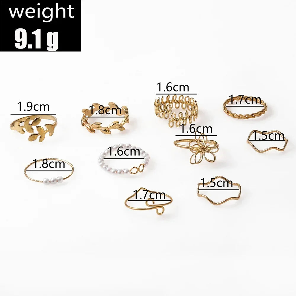 Bohemian Wave Flower Rings Set For Women Vintage Geometric Pearl Butterfly Metal Chain Knuckle Rings 2022 Trendy Jewelry Gift