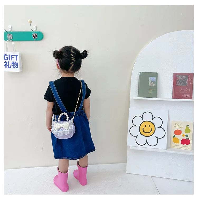 Sweet Cute Bow Children's Shoulder Bag Pearl Handle Baby Girls Small Crossbody Bags Lovely Princess Accessories Purse Handbags