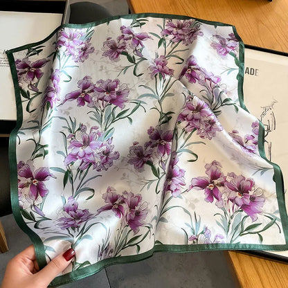 Hot Sale 2025 Brand 100% Silk Scarf Women Neck Hair Foulard Square Headband Hijab Print Poncho Scarves Bandana Fashion 53cm