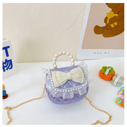 Sweet Cute Bow Children's Shoulder Bag Pearl Handle Baby Girls Small Crossbody Bags Lovely Princess Accessories Purse Handbags